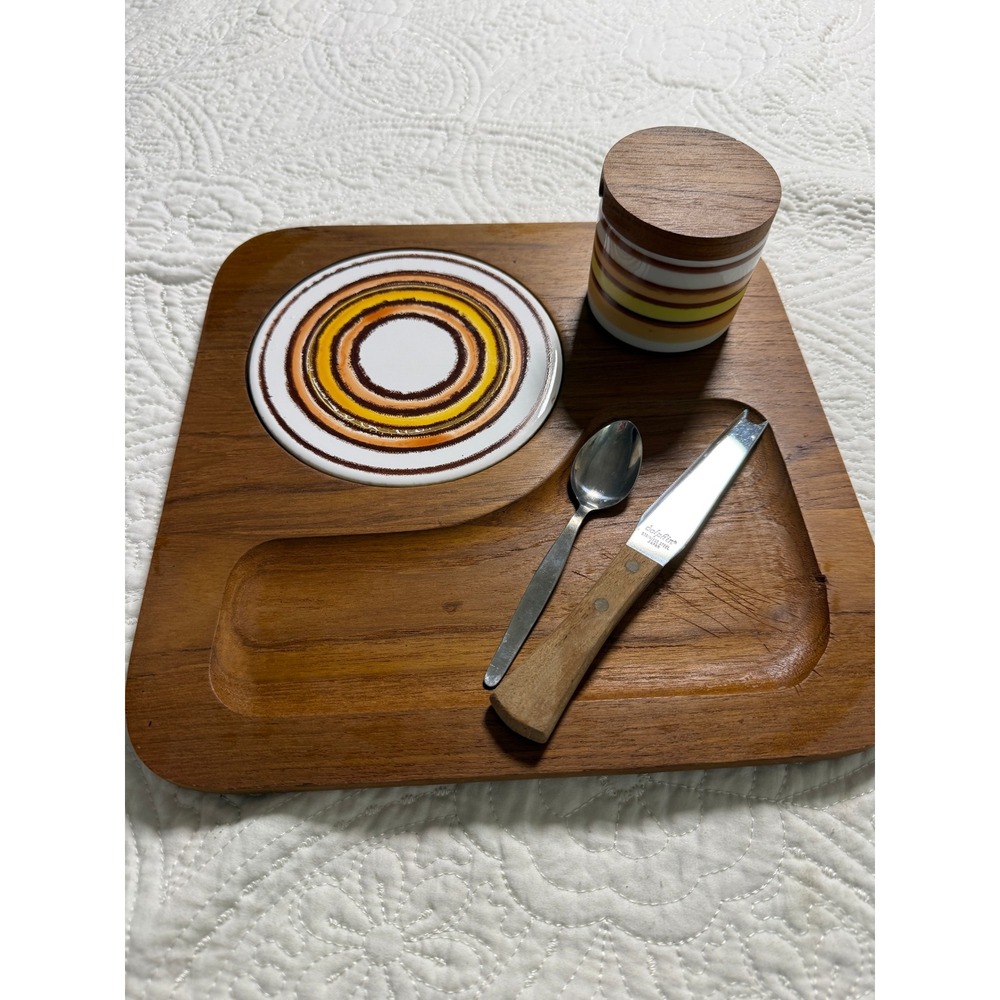 Dolphin Cheese Tray Set  Brown Teak Wood MCM Retro Ceramic‎ Jar Knife/spoon